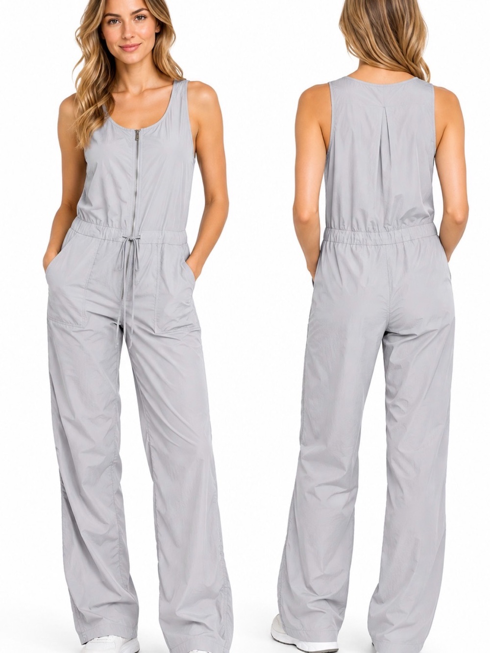 Athleta Flex Jumpsuit XS Light Gray Zip Front Drawstring NWT